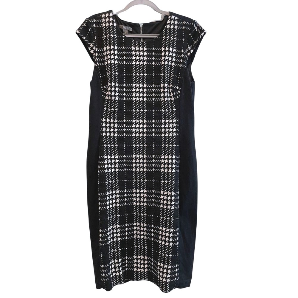Muse Black White Plaid Sheath Midi Dress Cap Sleeve Zipper Career Size‎ 10